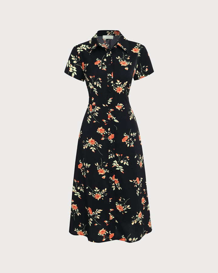 Glória - Midi Kleid Schwarz Floral