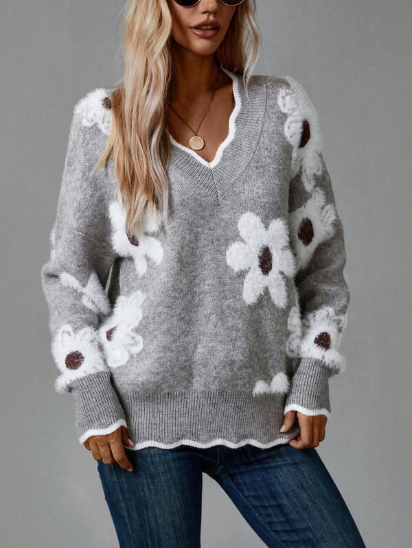 Simona | Blumenpullover mit V-Ausschnitt