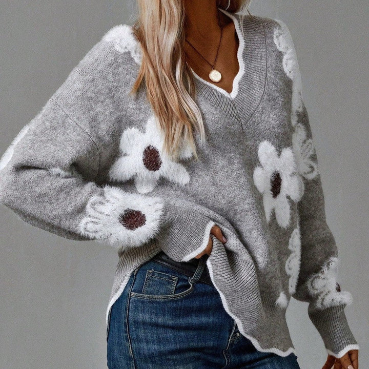 Simona | Blumenpullover mit V-Ausschnitt