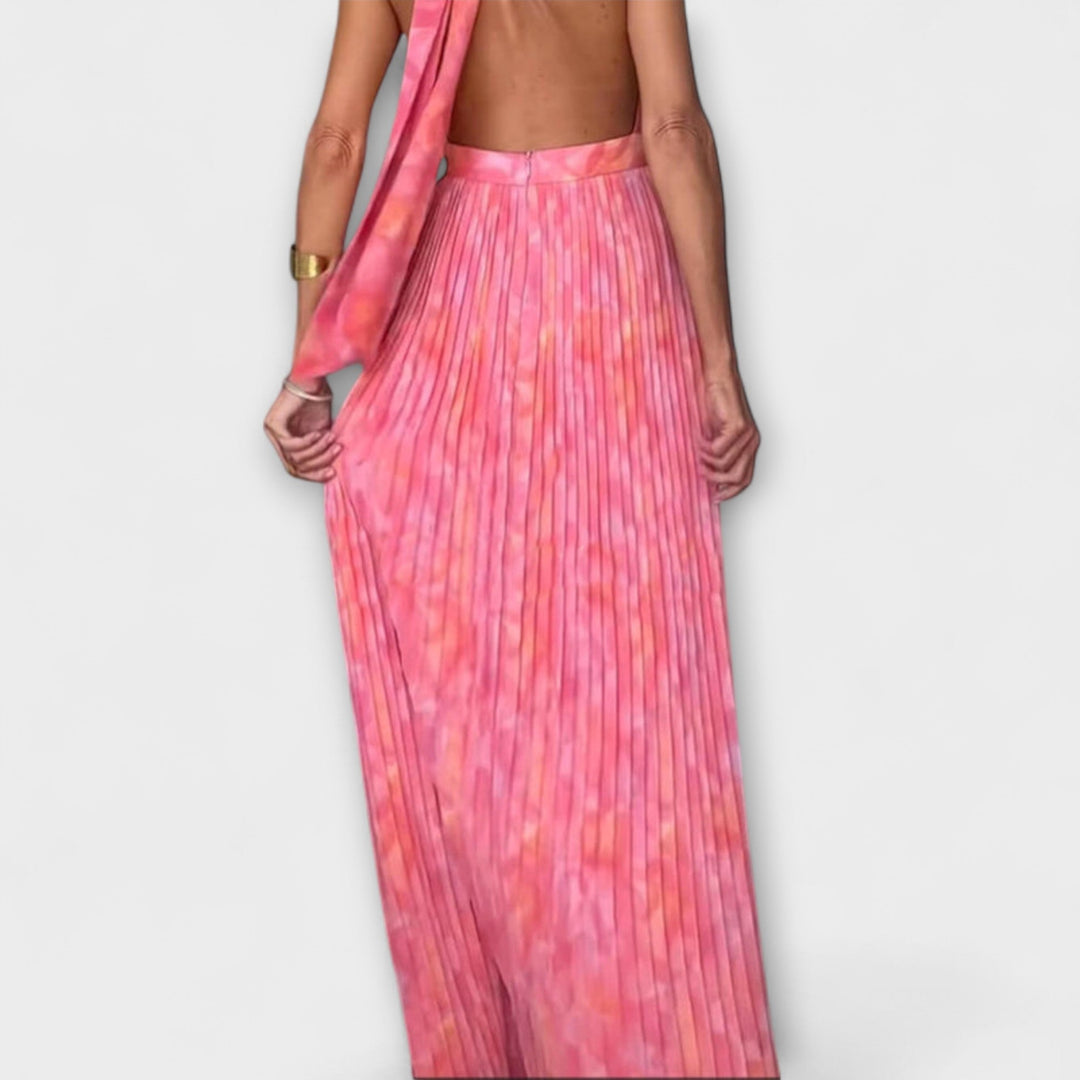 Seraphina - Schickes Halter Neck V-Ausschnitt Plissiertes Maxikleid