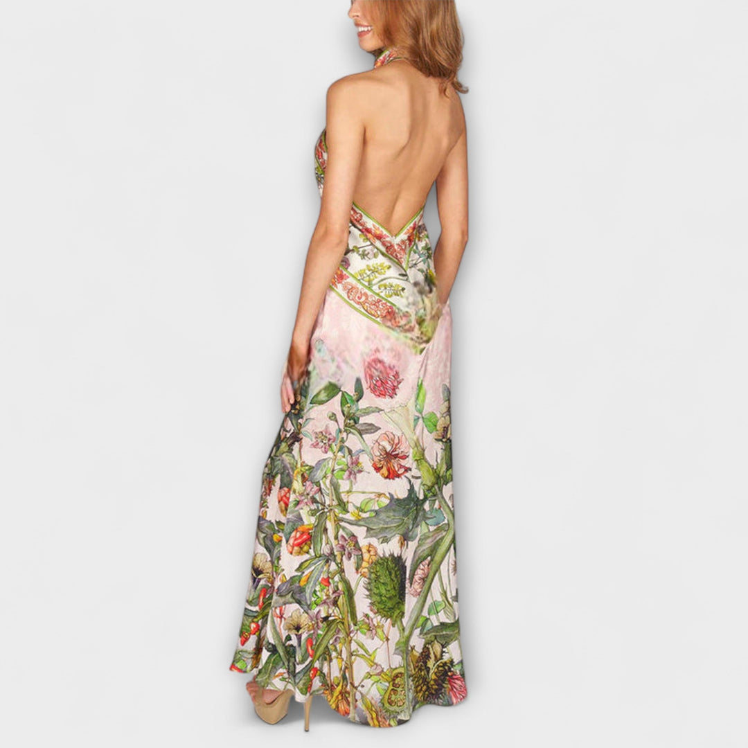 Ayla - Blumenmuster Ärmelloses Offenes Rücken Maxikleid