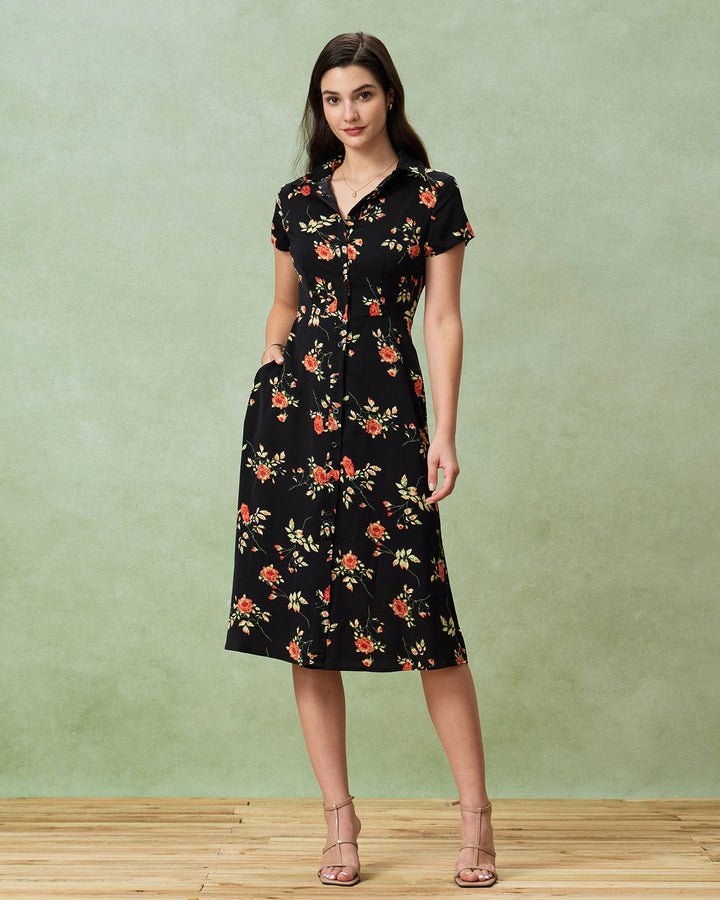 Glória - Midi Kleid Schwarz Floral