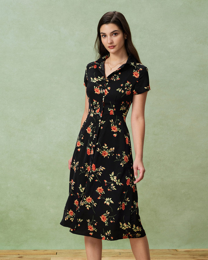 Glória - Midi Kleid Schwarz Floral