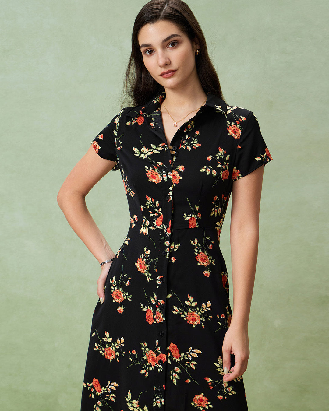 Glória - Midi Kleid Schwarz Floral