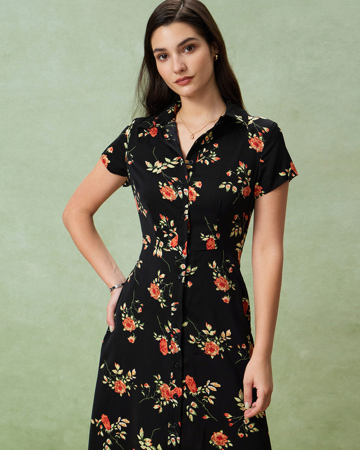 Glória - Midi Kleid Schwarz Floral