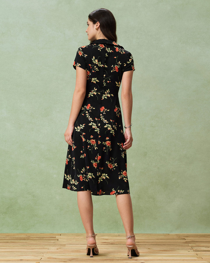 Glória - Midi Kleid Schwarz Floral