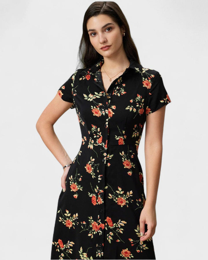 Glória - Midi Kleid Schwarz Floral
