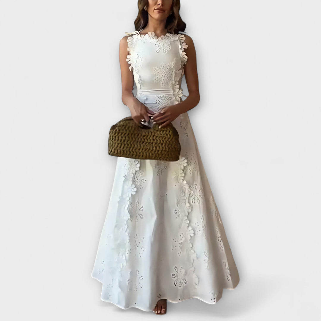Éliora – Maxikleid mit Spitzenblumenmuster und Bindegurten