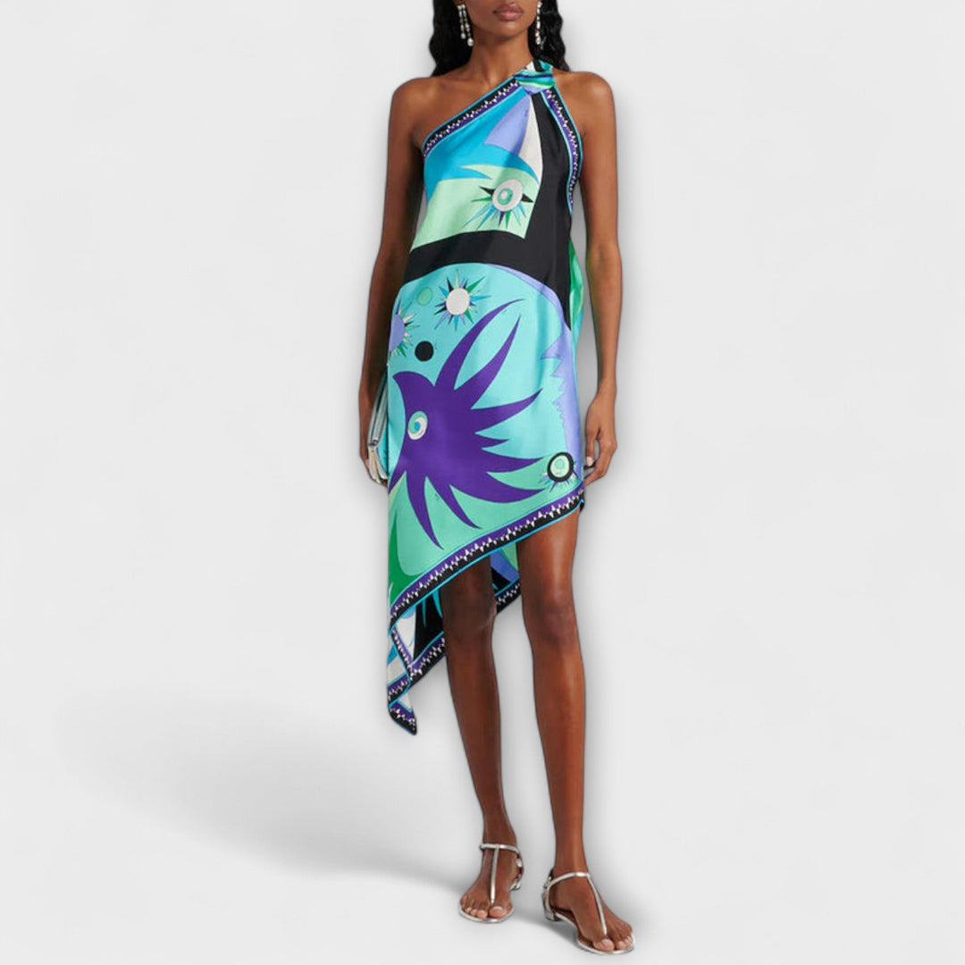 Esme - Einzigartiges Print Satin-Midi-Kleid mit asymmetrischem Saum
