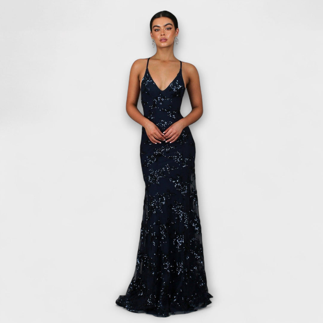 Zayla - Rückenfreies Maxikleid mit Pailletten-V-Ausschnitt