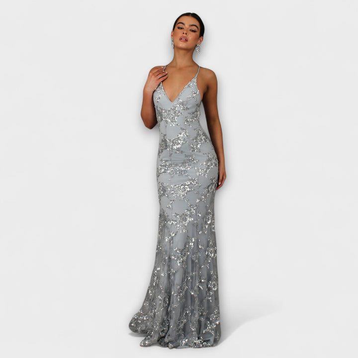 Zayla - Rückenfreies Maxikleid mit Pailletten-V-Ausschnitt