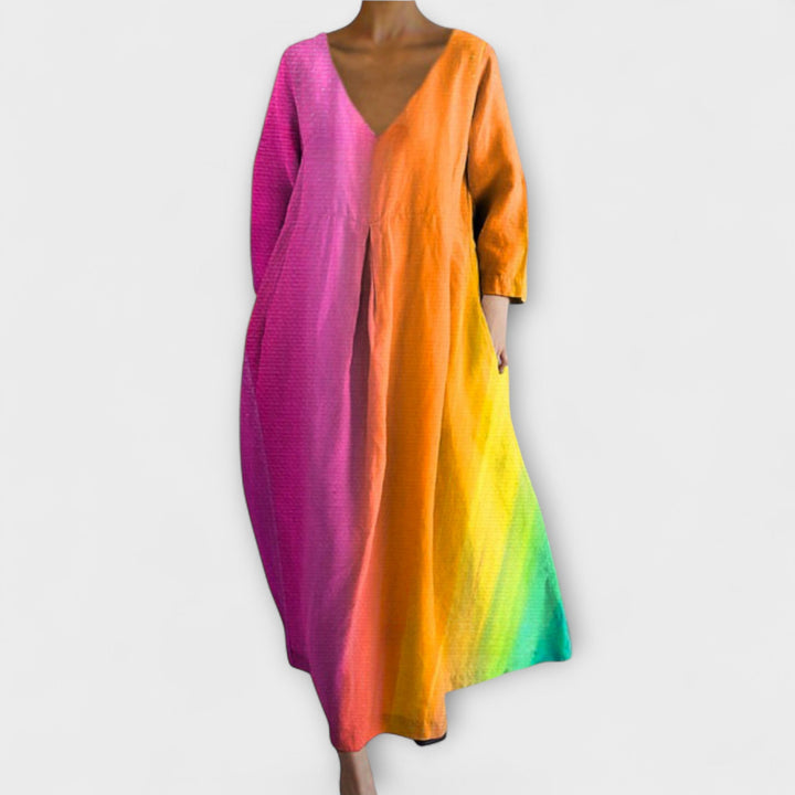 Fiona - Langes, farbenfrohes Kleid mit V-Ausschnitt