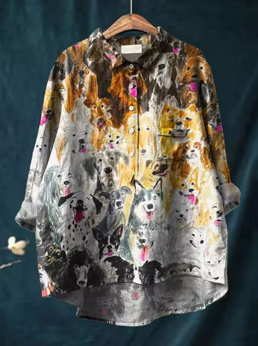 Manuela | Lässige Bluse mit kunstvollem Hundeprint