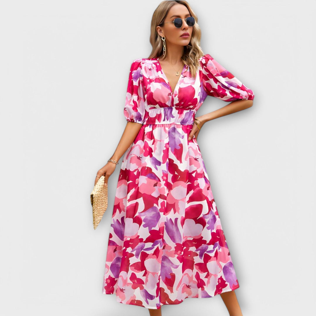 Abstraktes Maxi-Kleid mit Puffärmeln