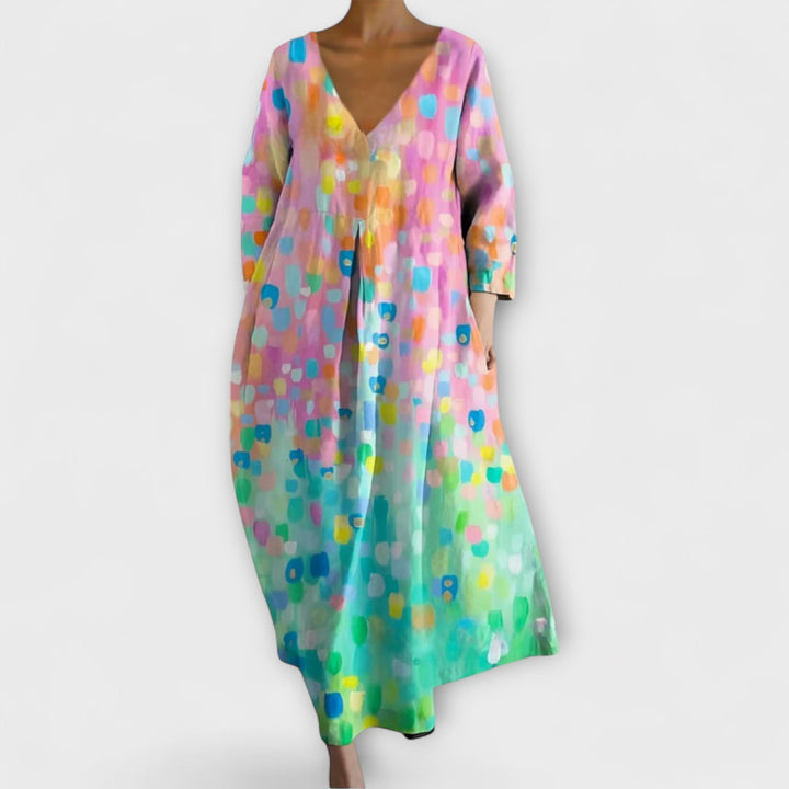 Fiona - Langes, farbenfrohes Kleid mit V-Ausschnitt