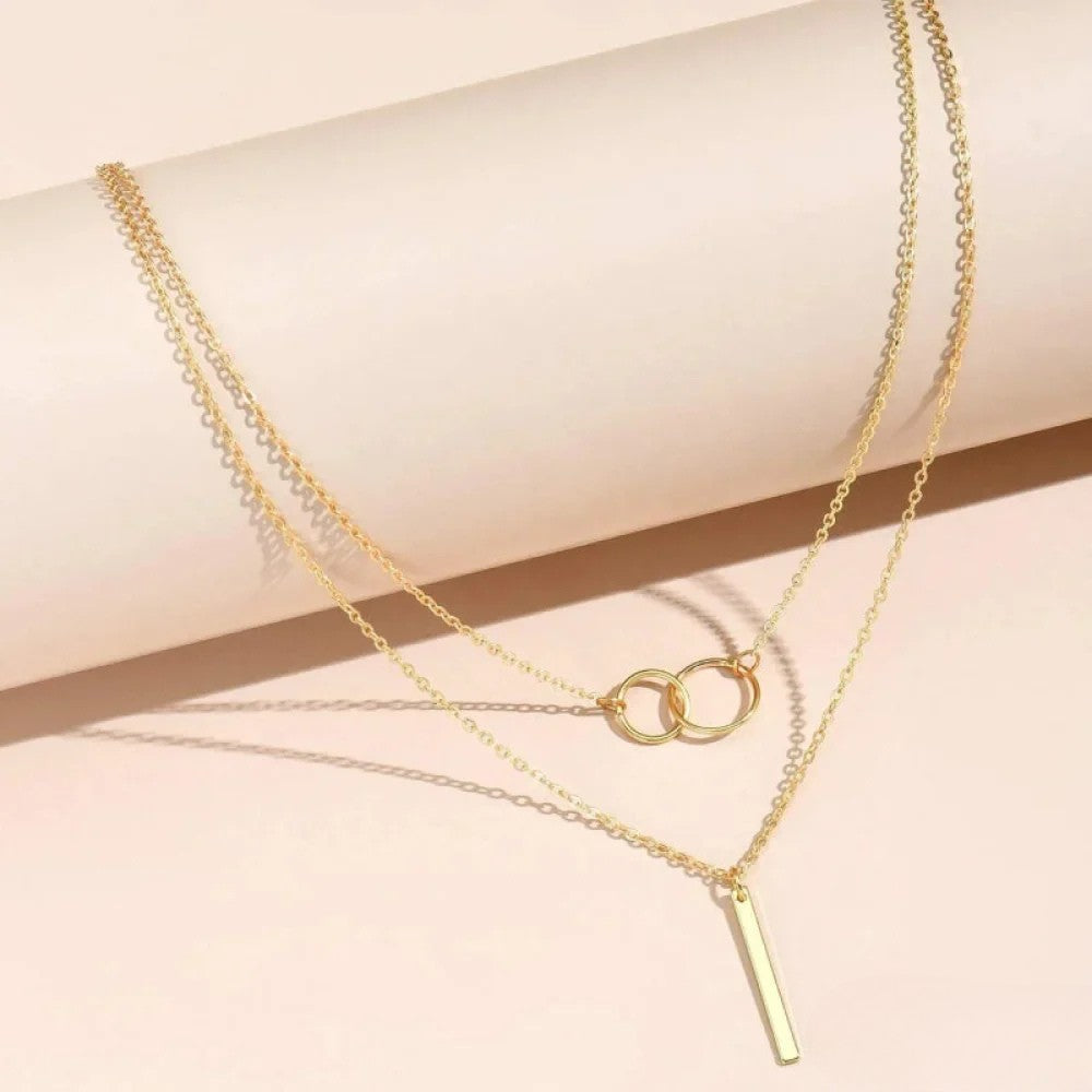 Retro Goldfarbene Double Circle Pendant Halskette
