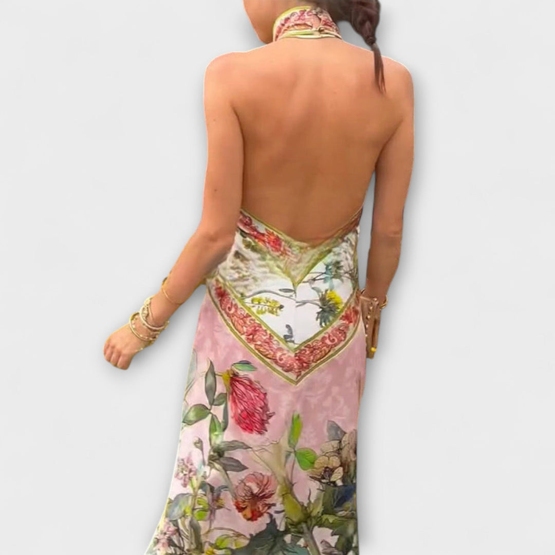 Ayla - Blumenmuster Ärmelloses Offenes Rücken Maxikleid