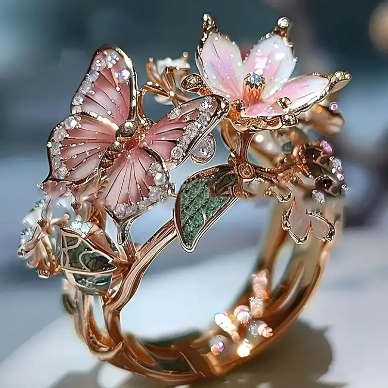 Glänzender Schmetterlingsring aus Natur mit Zirkonia