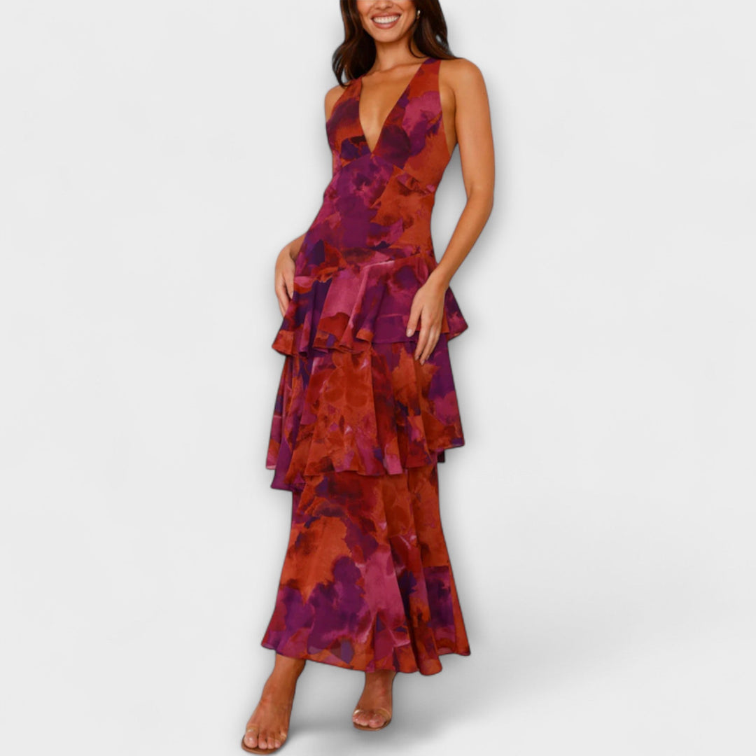 Domenica - Chiffonkleid mit V-Ausschnitt und fliessenden Lagen