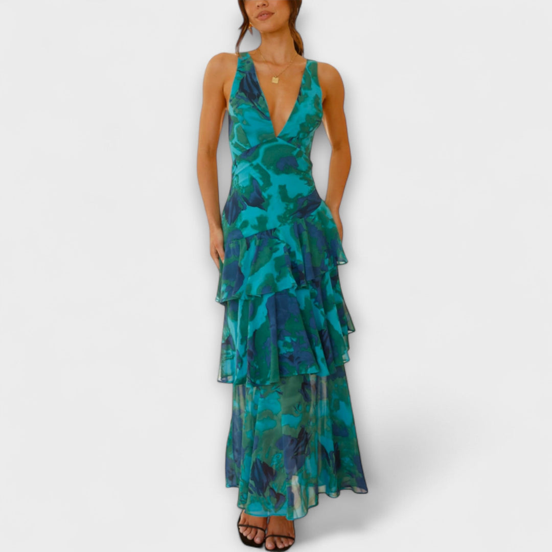 Domenica - Chiffonkleid mit V-Ausschnitt und fliessenden Lagen