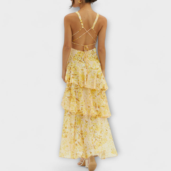 Domenica - Chiffonkleid mit V-Ausschnitt und fliessenden Lagen