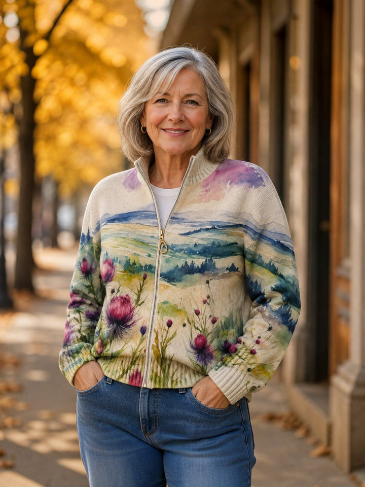 Montserrat | Strickjacke mit Distel- und Landschaftsmuster