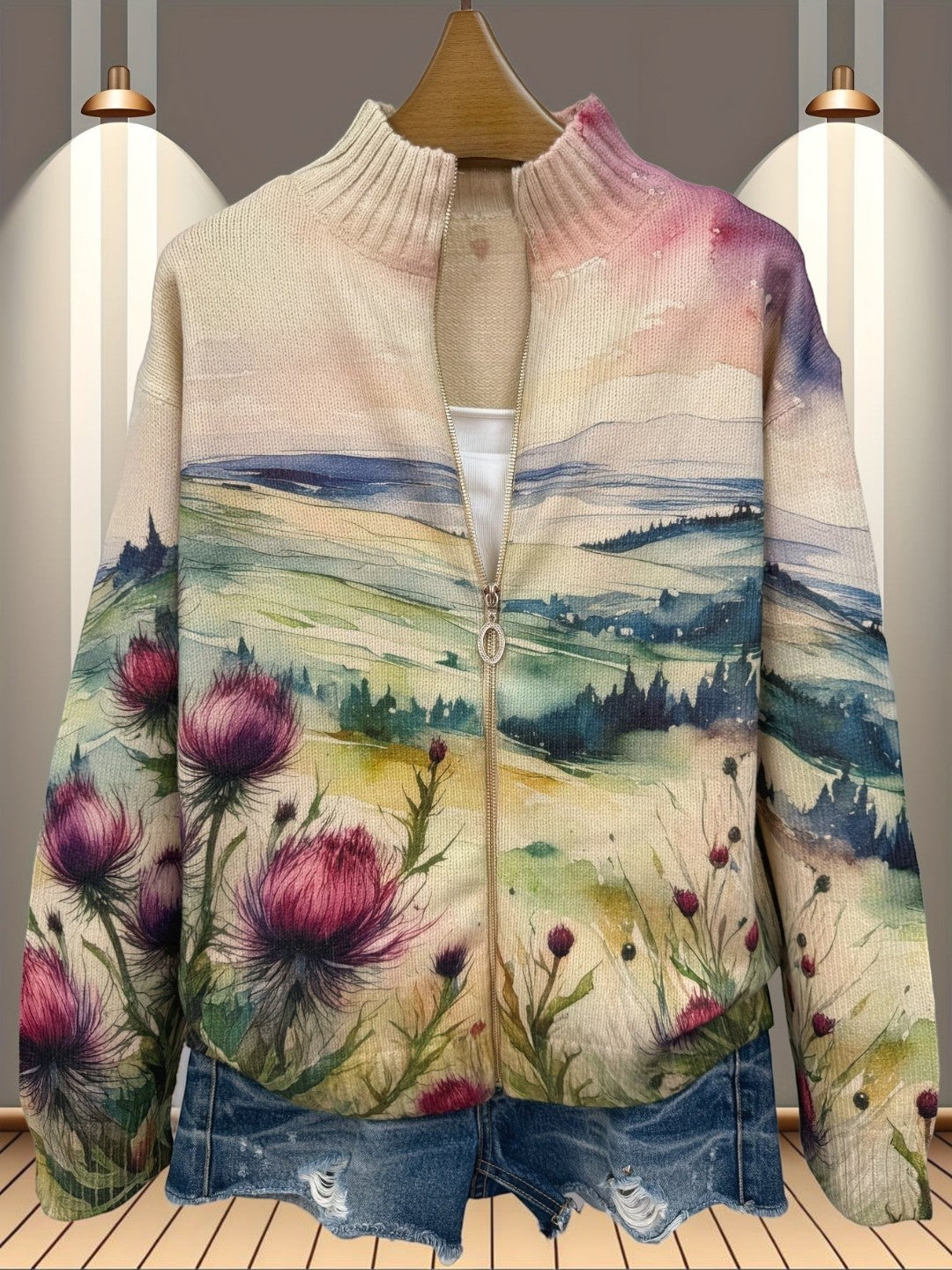 Montserrat | Strickjacke mit Distel- und Landschaftsmuster