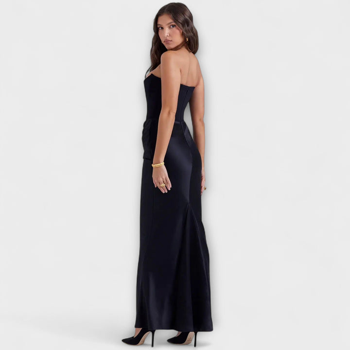Schulterfreies Satin-Maxikleid mit Drapierung